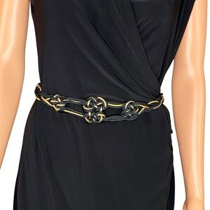 Vintage Black Rope Belt Adjustable Cinch Belt with Gold Accents Small Medium